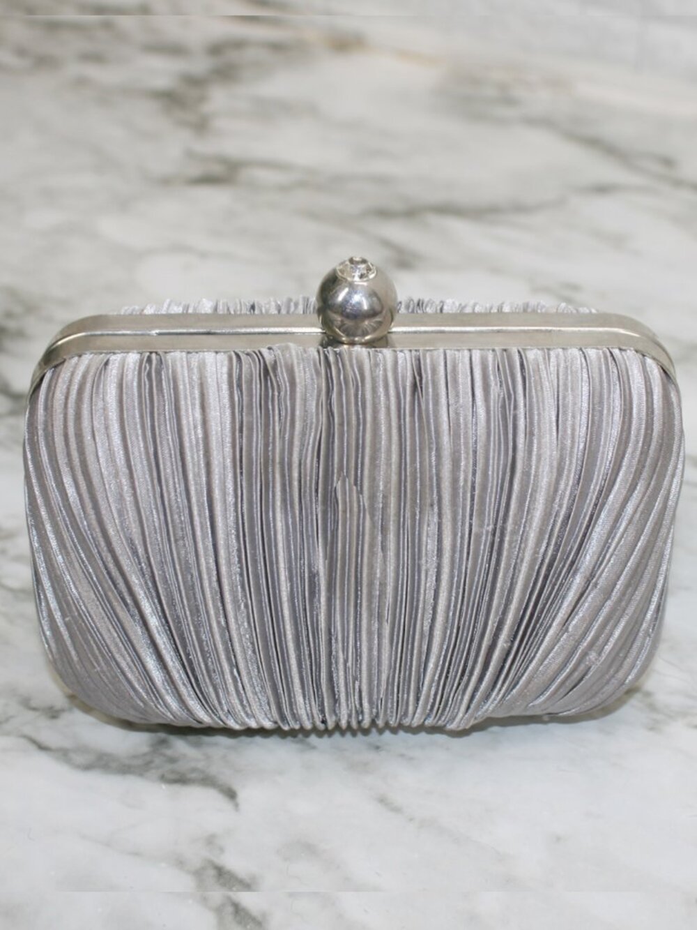 JACQUELINE FERRAR Mini Bag Satin Formal Bridal Prom Cocktail Party Chain Silver